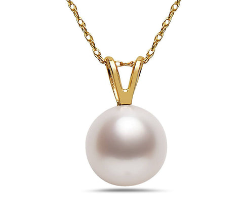 9-10mm Natural Color AA White South Sea Pearl 14k Yellow Gold Pendant