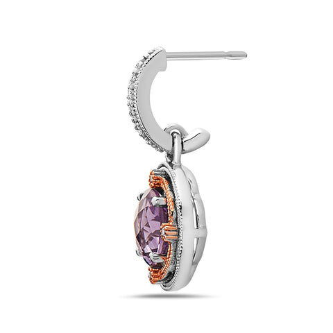 Round Cut Amethyst, Diamond, Sterling Silver and 14k Rose Gold Earrings