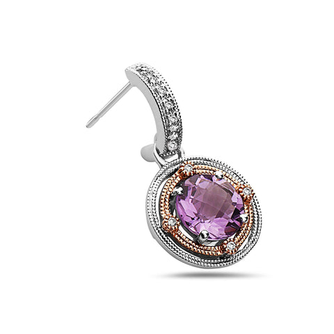 Round Cut Amethyst, Diamond, Sterling Silver and 14k Rose Gold Earrings