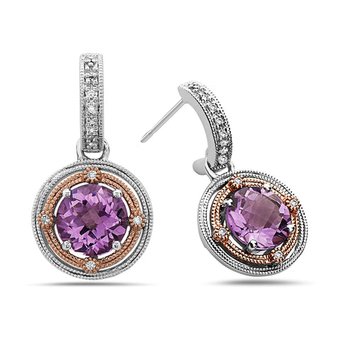 Round Cut Amethyst, Diamond, Sterling Silver and 14k Rose Gold Earrings