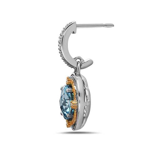 Round Cut Blue Topaz, Diamond, Sterling Silver and 14k Yellow Gold Earrings