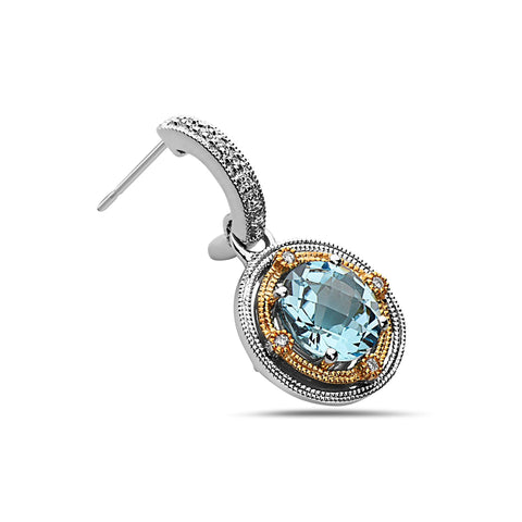 Round Cut Blue Topaz, Diamond, Sterling Silver and 14k Yellow Gold Earrings