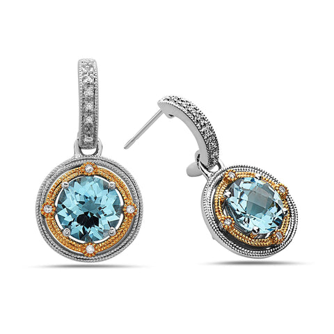 Round Cut Blue Topaz, Diamond, Sterling Silver and 14k Yellow Gold Earrings