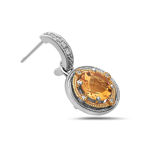 Round Cut Citrine, Diamond, Sterling Silver and 14k Yellow Gold Earrings