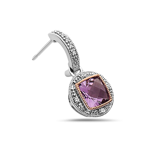 Square Cut Amethyst, Diamond, Sterling Silver and 14k Rose Gold Earrings
