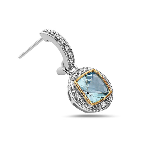 Square Cut Blue Topaz, Diamond, Sterling Silver and 14k Yellow Gold Earrings