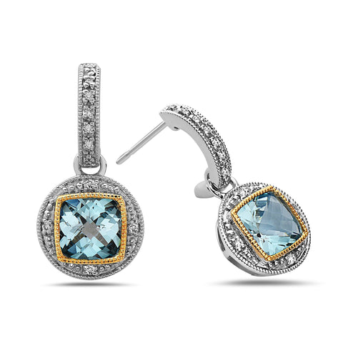 Square Cut Blue Topaz, Diamond, Sterling Silver and 14k Yellow Gold Earrings
