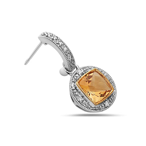 Square Cut Citrine, Diamond, Sterling Silver and 14k Yellow Gold Earrings