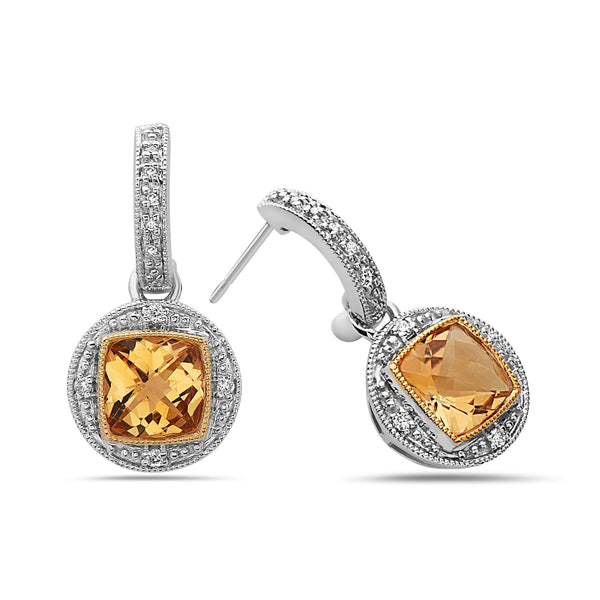 Square Cut Citrine, Diamond, Sterling Silver and 14k Yellow Gold Earrings