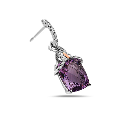 Radiant Cut Amethyst, Diamond, Sterling Silver and 14k Rose Gold Earrings