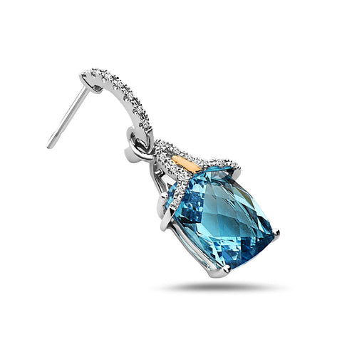 Radiant Cut Blue Topaz, Diamond, Sterling Silver and 14k Yellow Gold Earrings