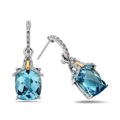 Radiant Cut Blue Topaz, Diamond, Sterling Silver and 14k Yellow Gold Earrings