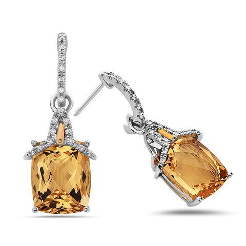 Radiant Cut Citrine, Diamond, Sterling Silver and 14k Yellow Gold Earrings