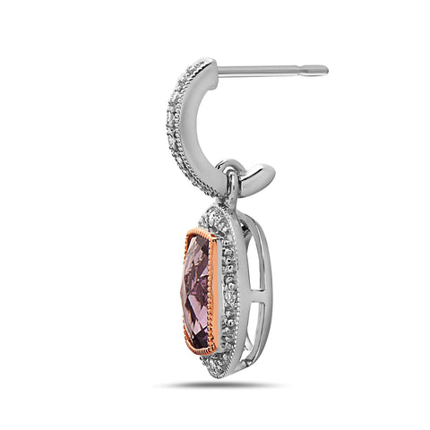 Radiant Cut Amethyst Diamond, Sterling Silver and 14k Rose Gold Earrings