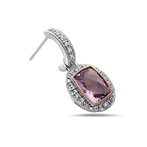 Radiant Cut Amethyst Diamond, Sterling Silver and 14k Rose Gold Earrings