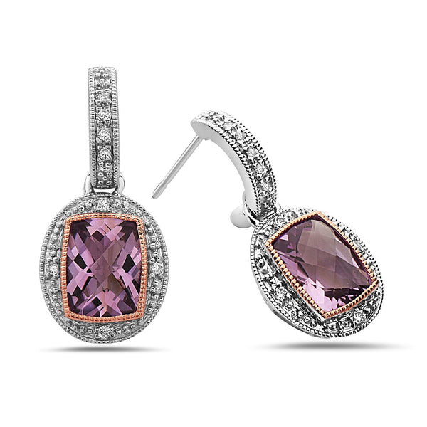 Radiant Cut Amethyst Diamond, Sterling Silver and 14k Rose Gold Earrings