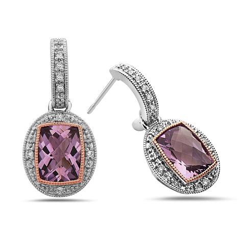 Radiant Cut Amethyst Diamond, Sterling Silver and 14k Rose Gold Earrings