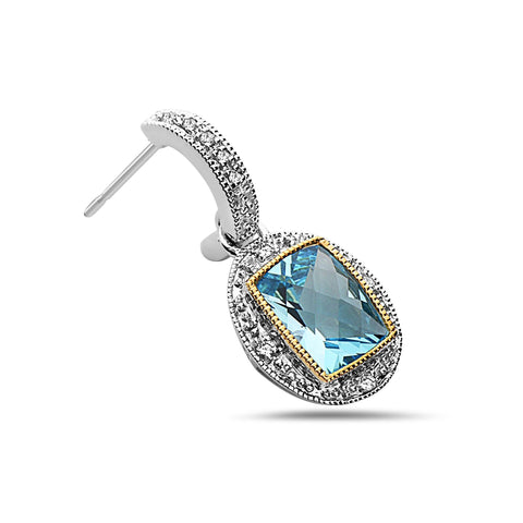 Radiant Cut Blue Topaz, Diamond, Sterling Silver and 14k Yellow Gold Earrings