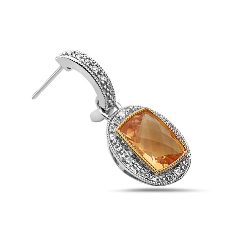 Radiant Cut Citrine, Diamond, Sterling Silver and 14k Yellow Gold Earrings
