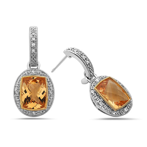 Radiant Cut Citrine, Diamond, Sterling Silver and 14k Yellow Gold Earrings
