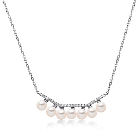 14k White Gold 4-4.5mm Akoya and Diamond Geo Bar Necklace