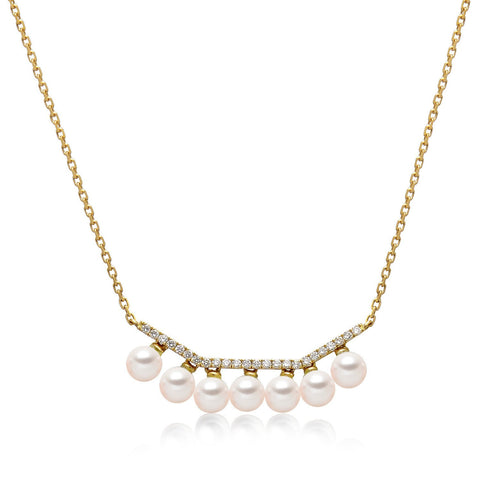 14k Yellow Gold 4-4.5mm Akoya and Diamond Geo Bar Necklace