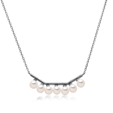 14k White Gold 4-4.5mm Akoya and Diamond Geo Bar Necklace