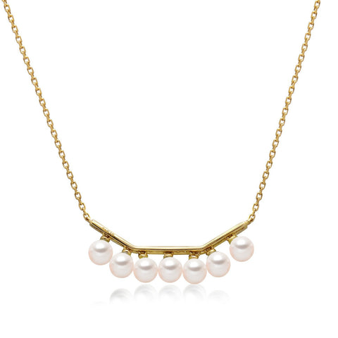 14k Yellow Gold 4-4.5mm Akoya and Diamond Geo Bar Necklace