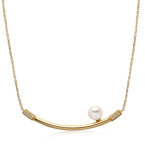 14k Yellow Gold 6-6.5mm Akoya and Diamond Curved Bar Necklace