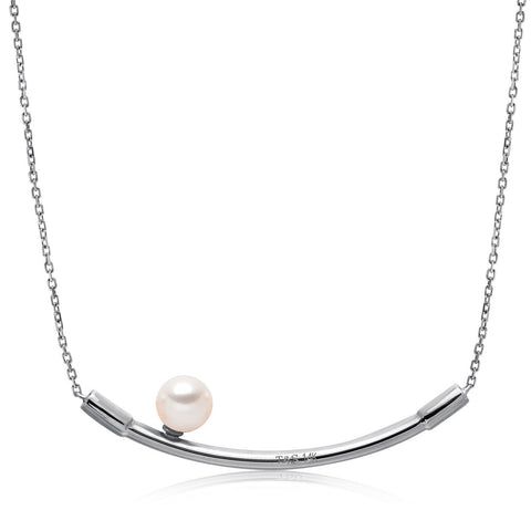 14k White Gold 6-6.5mm Akoya and Diamond Curved Bar Necklace