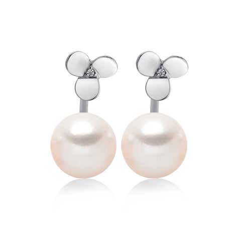 14k White Gold 8-8.5mm Akoya Pearl and Diamond Flower Jacket Earrings