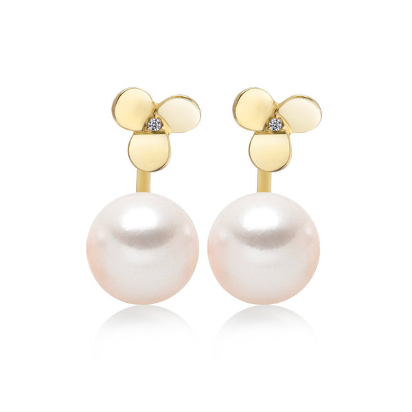 14k Yellow Gold 8-8.5mm Akoya Pearl and Diamond Flower Jacket Earrings