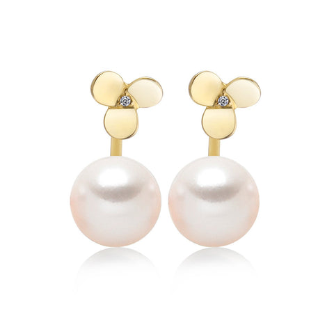 14k Yellow Gold 8-8.5mm Akoya Pearl and Diamond Flower Jacket Earrings
