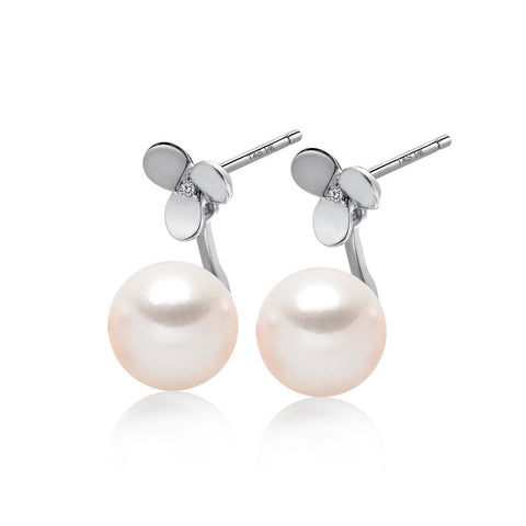 14k White Gold 8-8.5mm Akoya Pearl and Diamond Flower Jacket Earrings