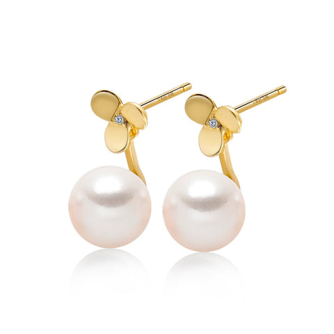 14k Yellow Gold 8-8.5mm Akoya Pearl and Diamond Flower Jacket Earrings