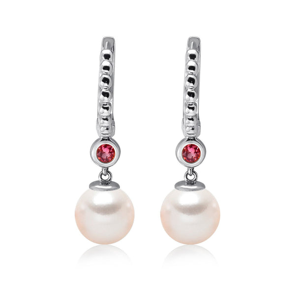 14k White Gold 5-5.5mm Akoya Pearl and Pink Tourmaline Earrings