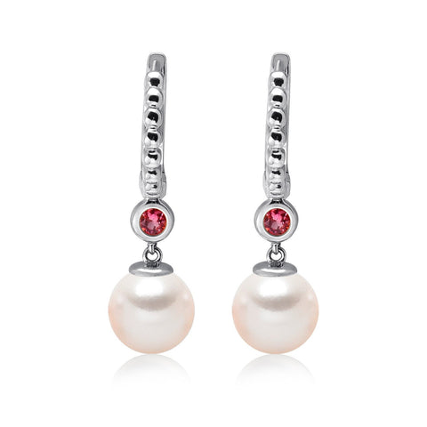 14k White Gold 5-5.5mm Akoya Pearl and Pink Tourmaline Earrings
