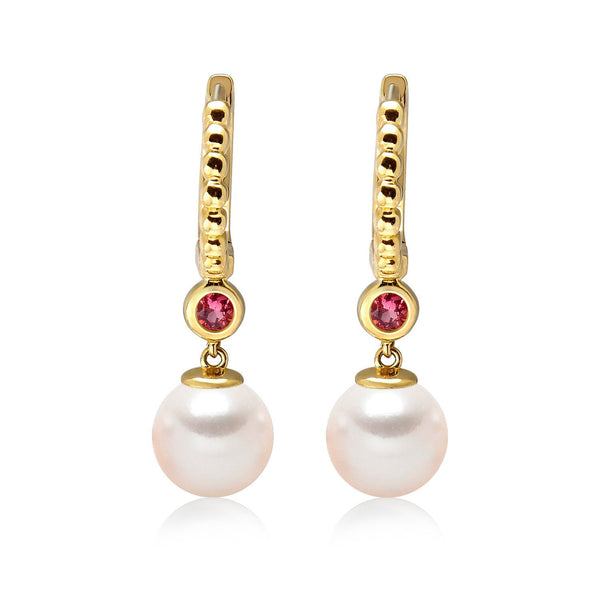 14k Yellow Gold 5-5.5mm Akoya Pearl and Pink Tourmaline Earrings