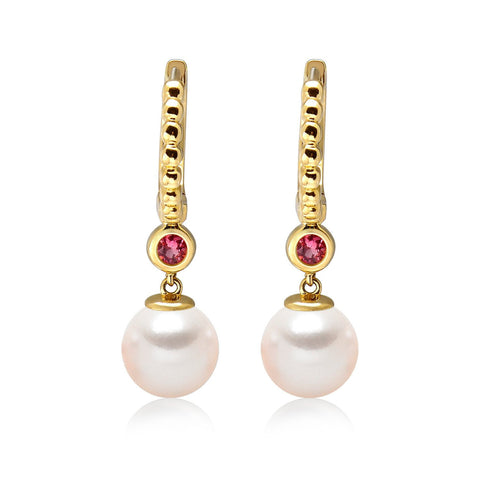 14k Yellow Gold 5-5.5mm Akoya Pearl and Pink Tourmaline Earrings