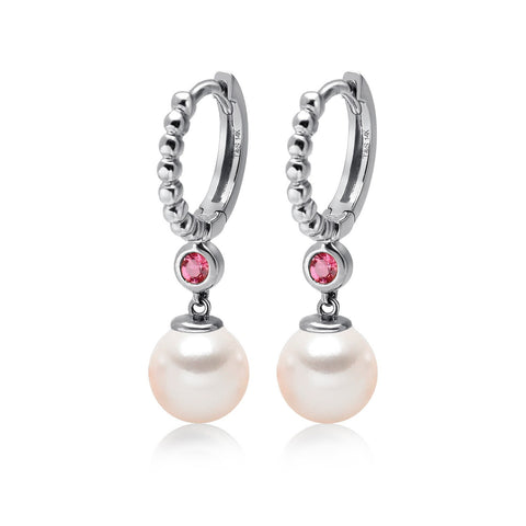 14k White Gold 5-5.5mm Akoya Pearl and Pink Tourmaline Earrings