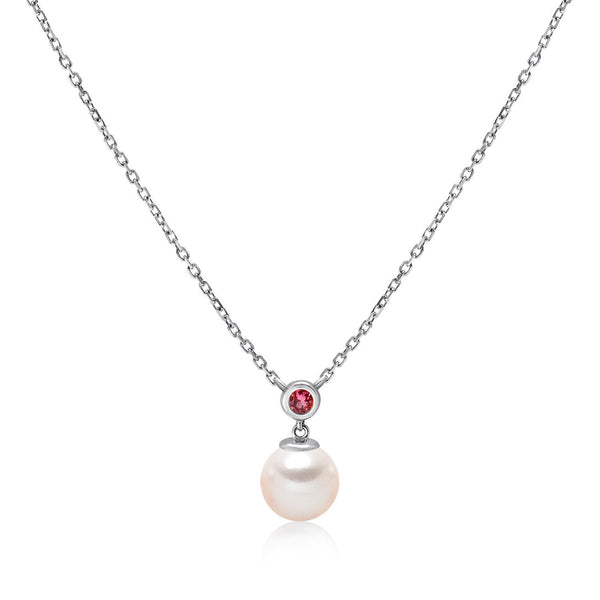 14k White Gold 6.5-7mm Akoya Pearl and Pink Tourmaline Necklace