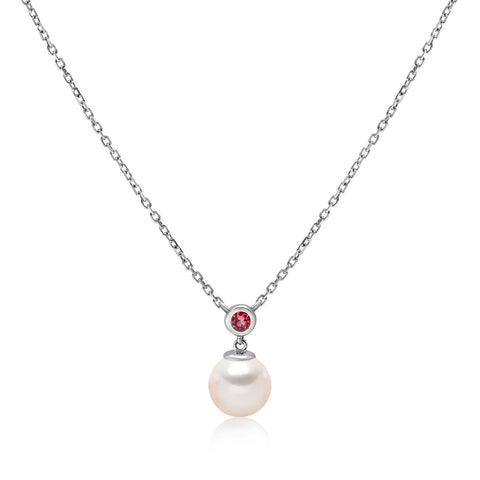 14k White Gold 6.5-7mm Akoya Pearl and Pink Tourmaline Necklace