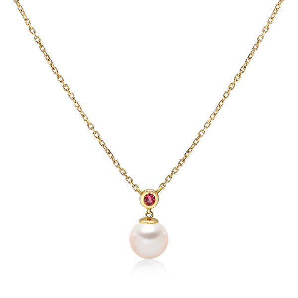14k Yellow Gold 6.5-7mm Akoya Pearl and Pink Tourmaline Necklace