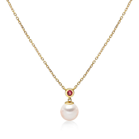 14k Yellow Gold 6.5-7mm Akoya Pearl and Pink Tourmaline Necklace