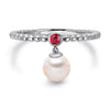 14k White Gold 5-5.5mm Dangle Akoya Pearl and Pink Tourmaline Stackable Ring