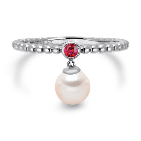 14k White Gold 5-5.5mm Dangle Akoya Pearl and Pink Tourmaline Stackable Ring