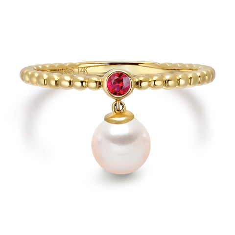14k Yellow Gold 5-5.5mm Dangle Akoya Pearl and Pink Tourmaline Stackable Ring