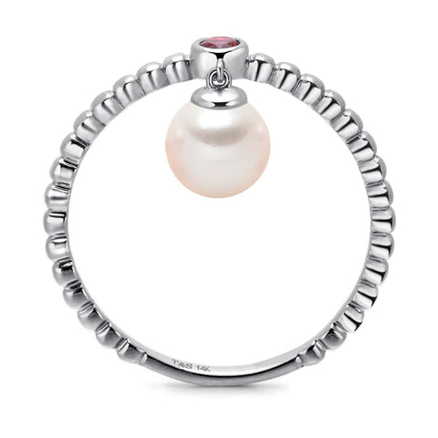 14k White Gold 5-5.5mm Dangle Akoya Pearl and Pink Tourmaline Stackable Ring