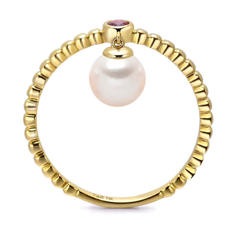 14k Yellow Gold 5-5.5mm Dangle Akoya Pearl and Pink Tourmaline Stackable Ring