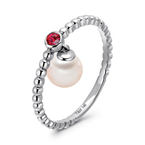 14k White Gold 5-5.5mm Dangle Akoya Pearl and Pink Tourmaline Stackable Ring